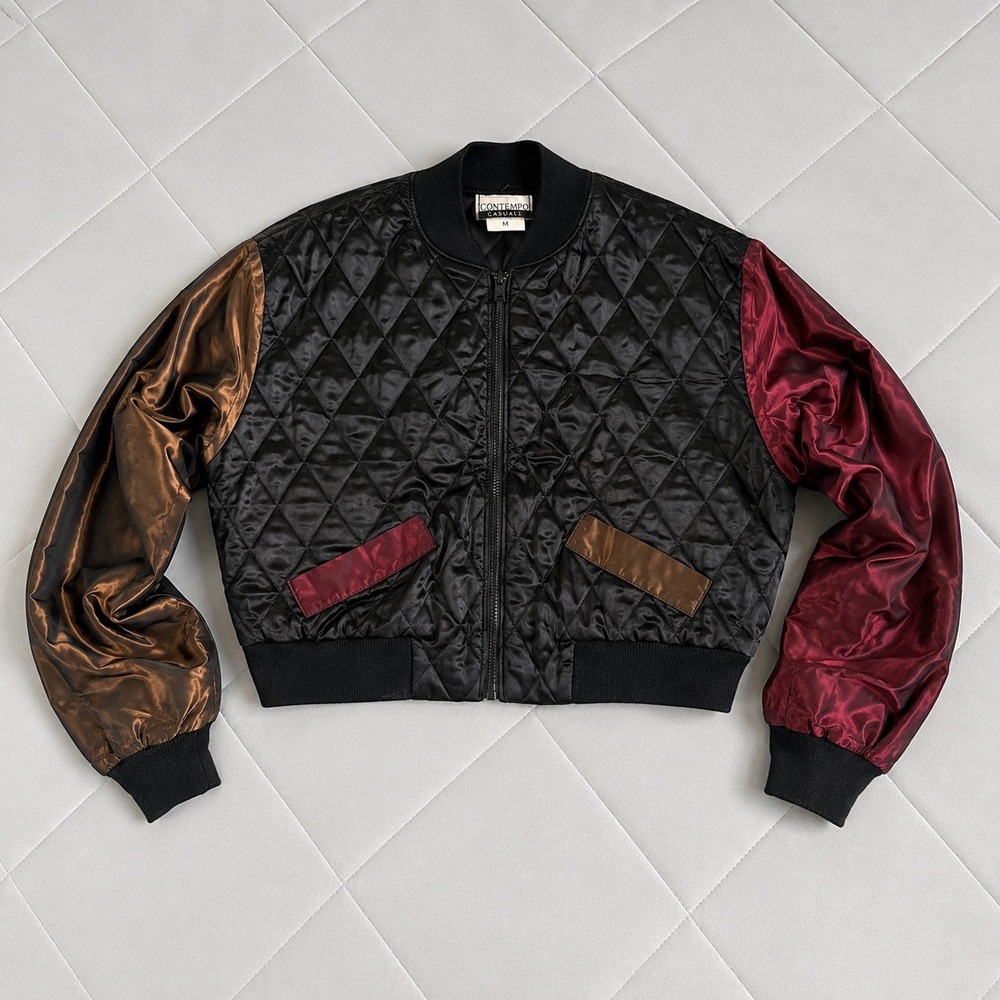Vintage Y2K Contempo Casuals Satin‎ Bomber Jacket M Quilted Colorblock 80s Retro